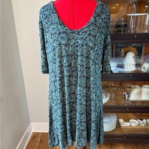 Natural Life Green Botanical Print Boho Floral Swing Spandex Dress Size M